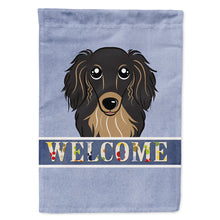 Load image into Gallery viewer, Longhair Black and Tan Dachshund Welcome Flag Canvas House Size BB1399CHF