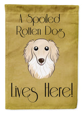 Load image into Gallery viewer, Longhair Creme Dachshund Spoiled Dog Lives Here Garden Flag – Funny Gold Background Dog Decor BB1460GF