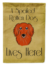 Load image into Gallery viewer, Longhair Red Dachshund Spoiled Dog Lives Here Garden Flag – Funny Gold Background Dog Decor BB1462GF