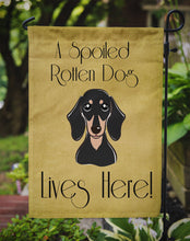 Load image into Gallery viewer, Smooth Black and Tan Dachshund Spoiled Dog Lives Here Garden Flag – Funny Gold Background Dog Decor BB1463GF