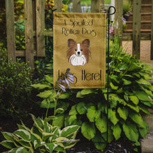 Load image into Gallery viewer, Papillon Spoiled Dog Lives Here Garden Flag – Funny Gold Background Dog Decor BB1496GF