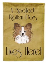 Load image into Gallery viewer, Papillon Spoiled Dog Lives Here Garden Flag – Funny Gold Background Dog Decor BB1496GF