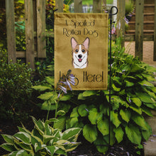 Load image into Gallery viewer, Sable Corgi Spoiled Dog Lives Here Garden Flag – Funny Gold Background Dog Decor BB1501GF