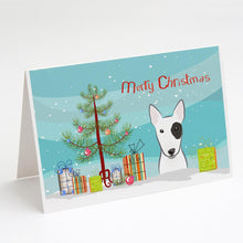 Load image into Gallery viewer, Christmas Tree and Bull Terrier Greeting Cards -  Blank Note Cards – 8-Pack of Artist-Designed Cards with Envelopes