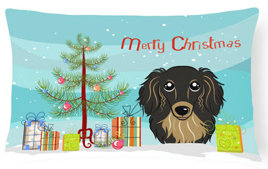 Christmas Tree and Longhair Black and Tan Dachshund Fabric Decorative Pillow BB1585PW1216