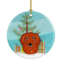 Load image into Gallery viewer, Christmas Tree and Longhair Red Dachshund Ornament - Round Ceramic Ornament – Artist-Designed Keepsake Decoration BB1586CO1