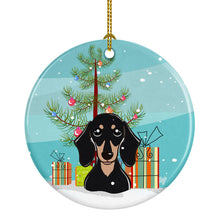 Load image into Gallery viewer, Christmas Tree and Smooth Black and Tan Dachshund Ornament - Round Ceramic Ornament – Artist-Designed Keepsake Decoration BB1587CO1