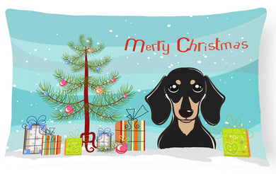 Christmas Tree and Smooth Black and Tan Dachshund Fabric Decorative Pillow BB1587PW1216