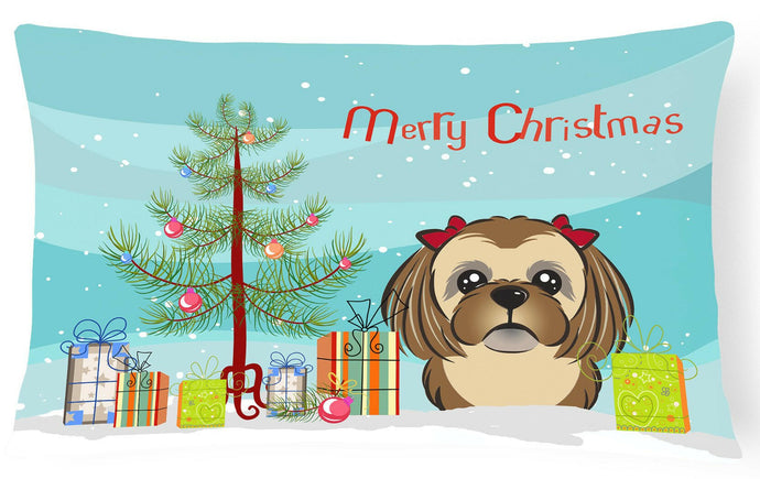 Christmas Tree and Chocolate Brown Shih Tzu Fabric Decorative Pillow BB1621PW1216