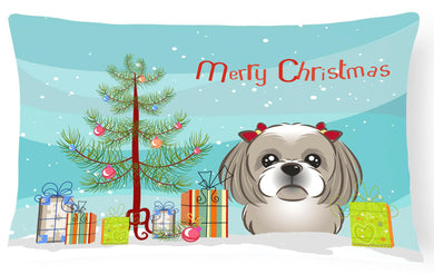 Christmas Tree and Gray Silver Shih Tzu Fabric Decorative Pillow BB1622PW1216