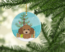 Load image into Gallery viewer, Christmas Tree and Chocolate Brown Poodle Ornament - Round Ceramic Ornament – Artist-Designed Keepsake Decoration BB1628CO1