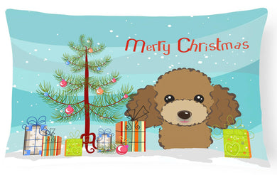 Christmas Tree and Chocolate Brown Poodle Fabric Decorative Pillow BB1628PW1216