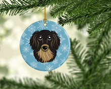 Load image into Gallery viewer, Snowflake Longhair Black and Tan Dachshund Ceramic Ornament BB1647CO1
