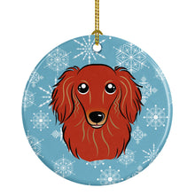 Load image into Gallery viewer, Snowflake Longhair Red Dachshund Ornament - Round Ceramic Ornament – Artist-Designed Keepsake Decoration BB1648CO1