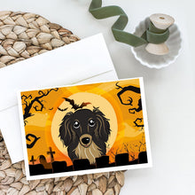 Load image into Gallery viewer, Halloween Longhair Black and Tan Dachshund Greeting Cards -  Blank Note Cards – 8-Pack of Artist-Designed Cards with Envelopes