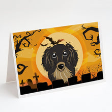 Load image into Gallery viewer, Halloween Longhair Black and Tan Dachshund Greeting Cards -  Blank Note Cards – 8-Pack of Artist-Designed Cards with Envelopes