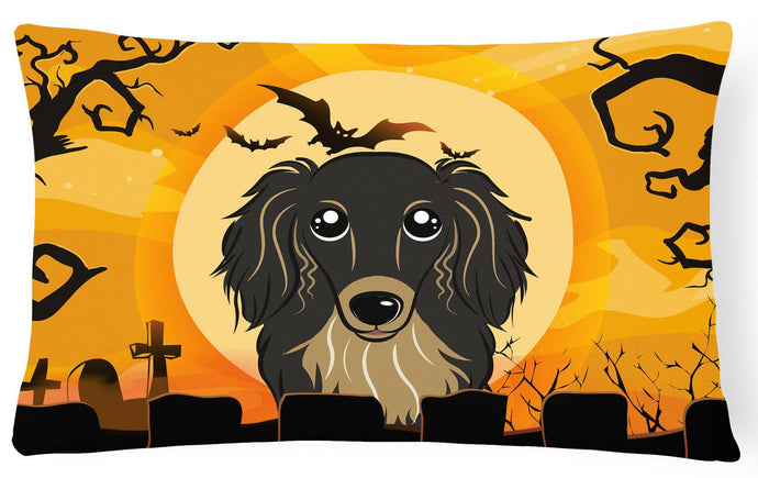 Halloween Longhair Black and Tan Dachshund Fabric Decorative Pillow BB1771PW1216
