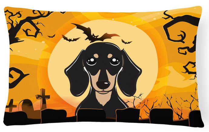 Halloween Smooth Black and Tan Dachshund Fabric Decorative Pillow BB1773PW1216