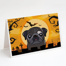 Load image into Gallery viewer, Halloween Black Pug Greeting Cards -  Blank Note Cards – 8-Pack of Artist-Designed Cards with Envelopes
