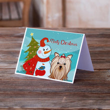 Load image into Gallery viewer, Snowman with Yorkie Yorkishire Terrier Greeting Cards -  Blank Note Cards – 8-Pack of Artist-Designed Cards with Envelopes