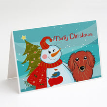 Load image into Gallery viewer, Snowman with Longhair Red Dachshund Greeting Cards -  Blank Note Cards – 8-Pack of Artist-Designed Cards with Envelopes