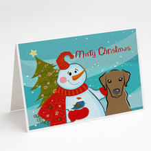 Load image into Gallery viewer, Snowman with Chocolate Labrador Greeting Cards -  Blank Note Cards – 8-Pack of Artist-Designed Cards with Envelopes