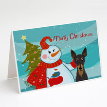 Load image into Gallery viewer, Snowman with Min Pin Greeting Cards -  Blank Note Cards – 8-Pack of Artist-Designed Cards with Envelopes