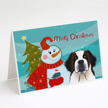 Load image into Gallery viewer, Snowman with Saint Bernard Greeting Cards -  Blank Note Cards – 8-Pack of Artist-Designed Cards with Envelopes