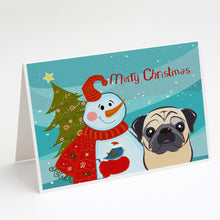 Load image into Gallery viewer, Snowman with Fawn Pug Greeting Cards -  Blank Note Cards – 8-Pack of Artist-Designed Cards with Envelopes