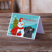 Load image into Gallery viewer, Snowman with Black Pug Greeting Cards -  Blank Note Cards – 8-Pack of Artist-Designed Cards with Envelopes