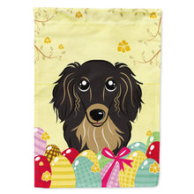 Load image into Gallery viewer, Longhair Black and Tan Dachshund Easter Egg Hunt Flag Canvas House Size BB1895CHF