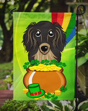 Load image into Gallery viewer, Longhair Black and Tan Dachshund St. Patrick's Day Garden Flag – Decorative Outdoor Yard Flag BB1957GF