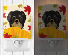 Load image into Gallery viewer, Longhair Black and Tan Dachshund Thanksgiving Ceramic Night Light BB2019CNL
