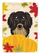 Load image into Gallery viewer, Longhair Black and Tan Dachshund Thanksgiving Garden Flag – Decorative Outdoor Yard Flag BB2019GF