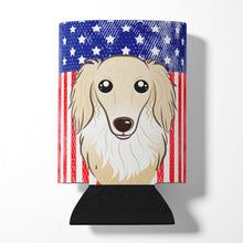 Load image into Gallery viewer, American Flag and Longhair Creme Dachshund Can or Bottle Hugger BB2142CC