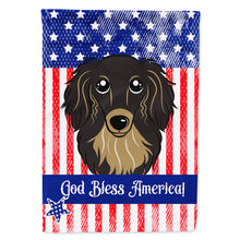 Load image into Gallery viewer, Longhair Black and Tan Dachshund Flag Canvas House Size BB2143CHF