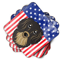 Load image into Gallery viewer, American Flag and Longhair Black and Tan Dachshund Foam Coaster