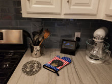 Load image into Gallery viewer, American Flag and Longhair Black and Tan Dachshund Oven Mitt BB2143OVMT