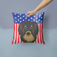 Load image into Gallery viewer, American Flag and Longhair Black and Tan Dachshund Throw Pillow - 14x14 Decorative Pillow – Art for Your Home &amp; Patio BB2143PW1414