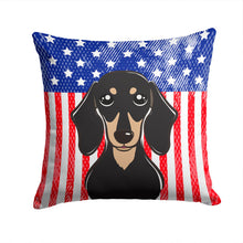 Load image into Gallery viewer, American Flag and Smooth Black and Tan Dachshund Throw Pillow - 14x14 Decorative Pillow – Art for Your Home &amp; Patio BB2145PW1414