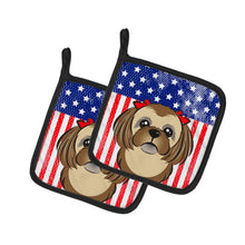Load image into Gallery viewer, American Flag and Chocolate Brown Shih Tzu Pot Holders - Set of 2 - Heat-Resistant Kitchen Essentials BB2179PTHD