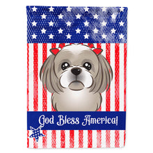 Load image into Gallery viewer, God Bless American Flag with Gray Silver Shih Tzu Flag Canvas House Size BB2180CHF