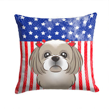 Load image into Gallery viewer, American Flag and Gray Silver Shih Tzu Throw Pillow - 14x14 Decorative Pillow – Art for Your Home &amp; Patio BB2180PW1414