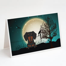 Load image into Gallery viewer, Halloween Scary Dachshund Black Tan Greeting Cards -  Blank Note Cards – 8-Pack of Artist-Designed Cards with Envelopes