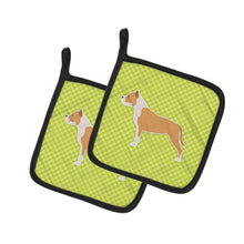 Load image into Gallery viewer, Staffordshire Bull Terrier Checkerboard Green Pot Holders - Set of 2 - Heat-Resistant Kitchen Essentials BB3854PTHD