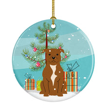 Load image into Gallery viewer, Merry Christmas Tree Staffordshire Bull Terrier Brown Ornament - Round Ceramic Ornament – Artist-Designed Keepsake Decoration BB4172CO1
