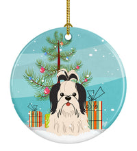 Load image into Gallery viewer, Merry Christmas Tree Shih Tzu Black White Ornament - Round Ceramic Ornament – Artist-Designed Keepsake Decoration BB4213CO1
