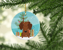 Load image into Gallery viewer, Merry Christmas Tree Dachshund Red Brown Ornament - Round Ceramic Ornament – Artist-Designed Keepsake Decoration BB4255CO1
