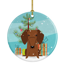Load image into Gallery viewer, Merry Christmas Tree Dachshund Red Brown Ornament - Round Ceramic Ornament – Artist-Designed Keepsake Decoration BB4255CO1