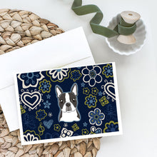 Load image into Gallery viewer, Blue Flowers Boston Terrier Greeting Cards -  Blank Note Cards – 8-Pack of Artist-Designed Cards with Envelopes